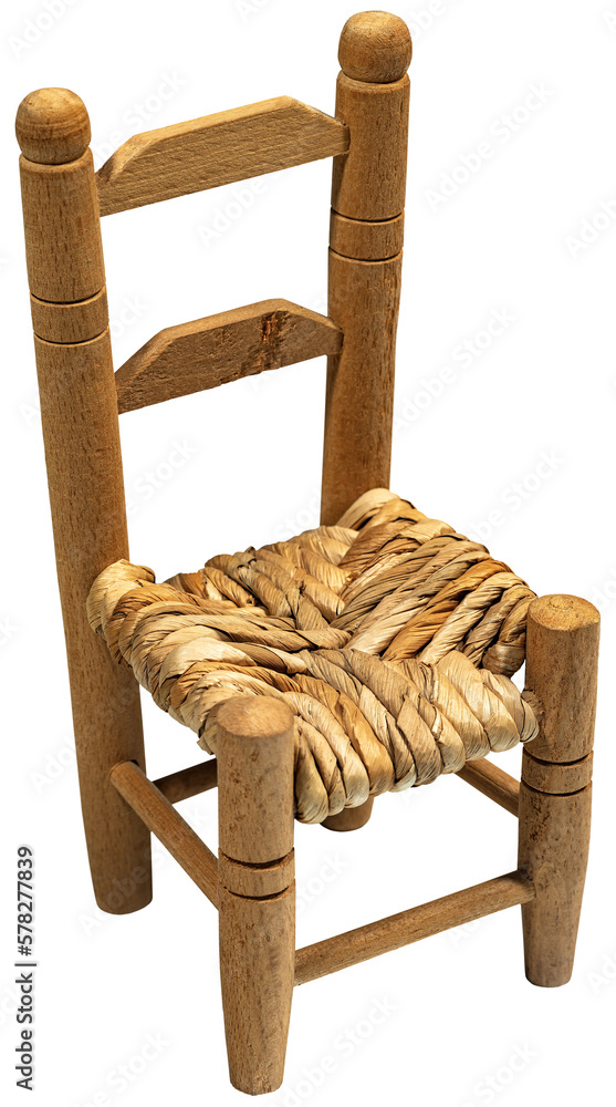 Old and vintage wooden chair with straw seat isolated on white or
