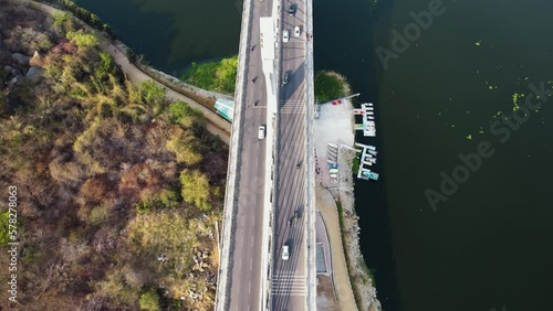 vehicles going on cable bridge hyderabad top down drone shot 4k 30p daytime photo