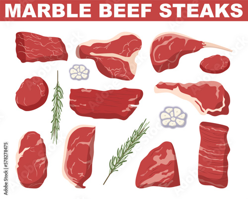 Marble beef steak set. Raw meat fillet. Fresh ingredient for cooking.