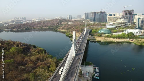 Wallpaper Mural areal view of vehicles going on cable bridge hyderabad drone shot day time 4k 30p Torontodigital.ca
