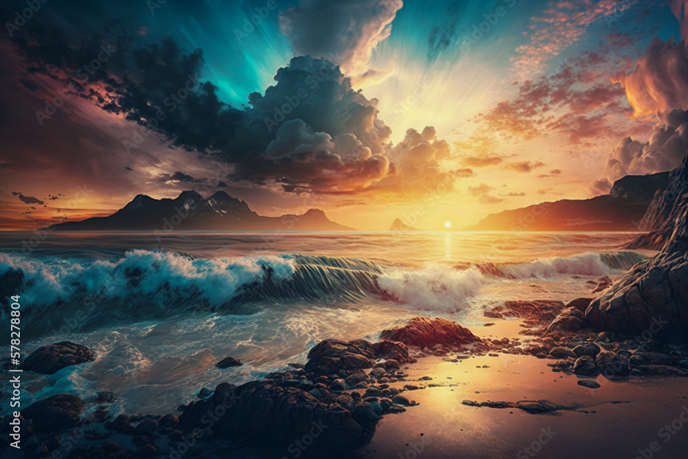Magic beautiful sunset over the sea, super photo realistic background, generative ai landscape