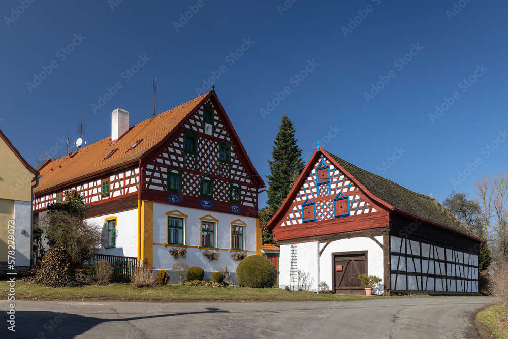 Half-timbered farmhouse, folk architecture in Doubrava, Western Bohemia, Czech Republic