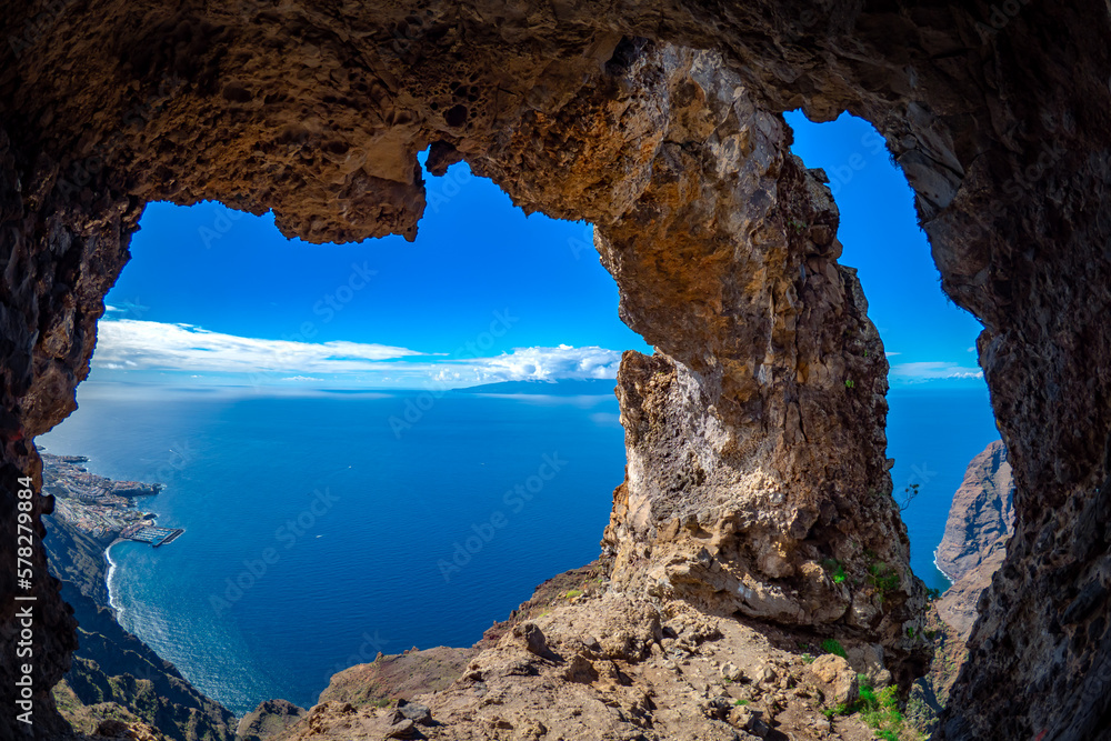 Epic cave view point on top of Los Gigantes in Tenerife Canary Islands over looking the Atlantic Ocean