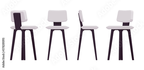 Bar stool tall chair furniture light set, wood height barstool. Cafe, restaurant comfort seat, living room, kitchen interior. Vector flat style cartoon home, office articles isolated, white background