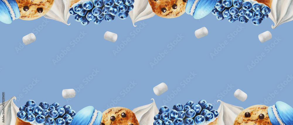 Watercolor frame with biscuits, meringue, marshmallows, blueberry