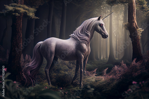 Unicorn in the mysterious forest. AI generated