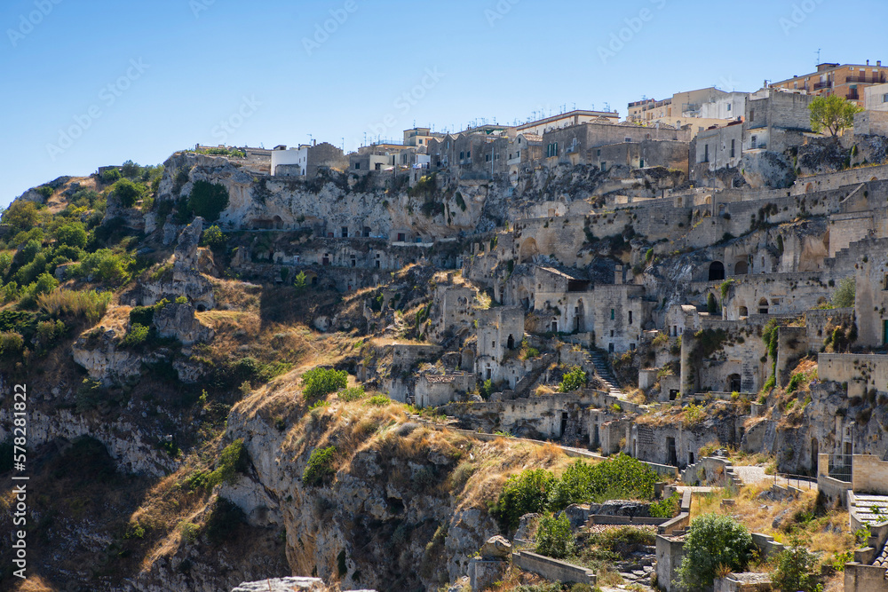 The Sassi di Matera (ancient cave dwellings) seen from Rione Casalnuovo, Matera, Basilicata, southern Italy