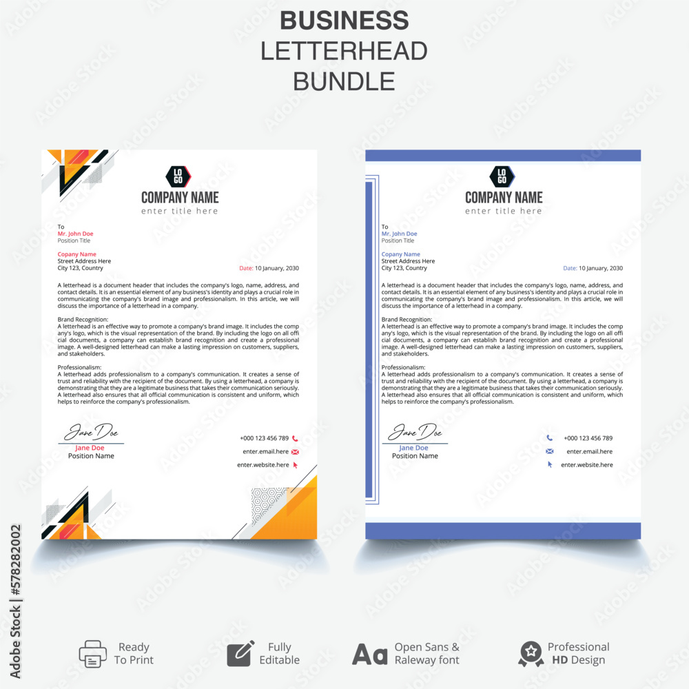 Letterhead template for business or corporate, 2 color letter head bundle set, easily editable and customize.