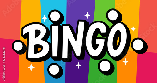 BINGO logo with lottery balls and stars. Bingo game. Vector illustration lucky quote. Fortune text. Graphic logo design for print poster, card, sticker, game, lottery win concept, casino