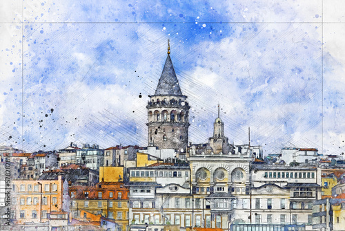 Galata tower is one of the landmarks in Istanbul's Beyoğlu district. It was built by the Byzantine emperor Justinian AD 507-508. Watercolor artistic work.