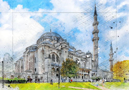 Photography Beautiful view of the magnificent historical Suleymaniye Mosque on a cloudy day