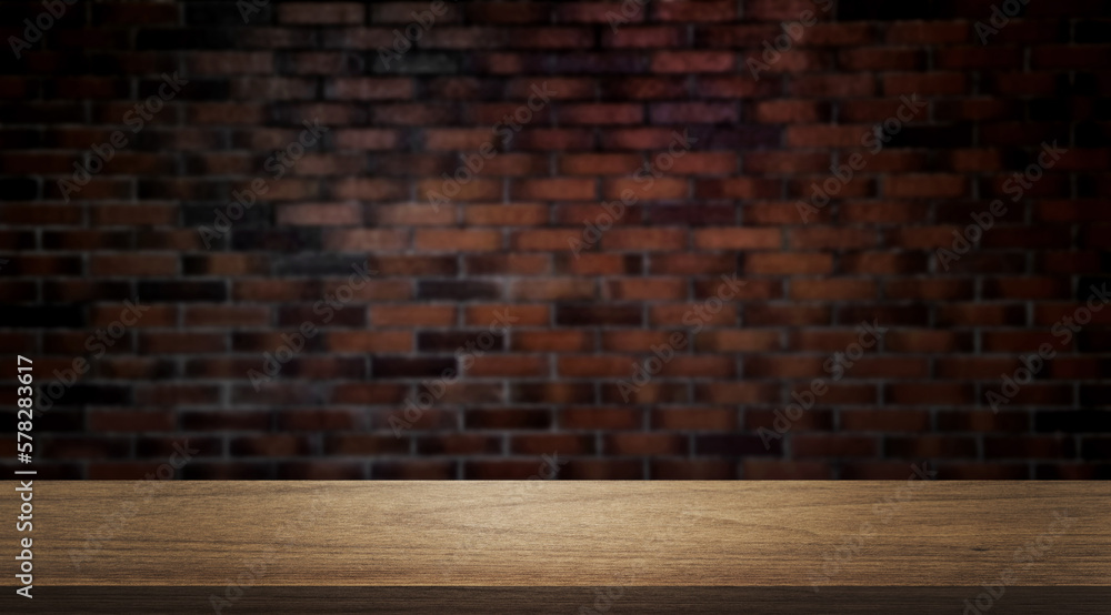 wooden table table at foreground with blurred old brown brick wall as background, brick wall texture. empty table for display montages. product displayed scene for business advertisation.