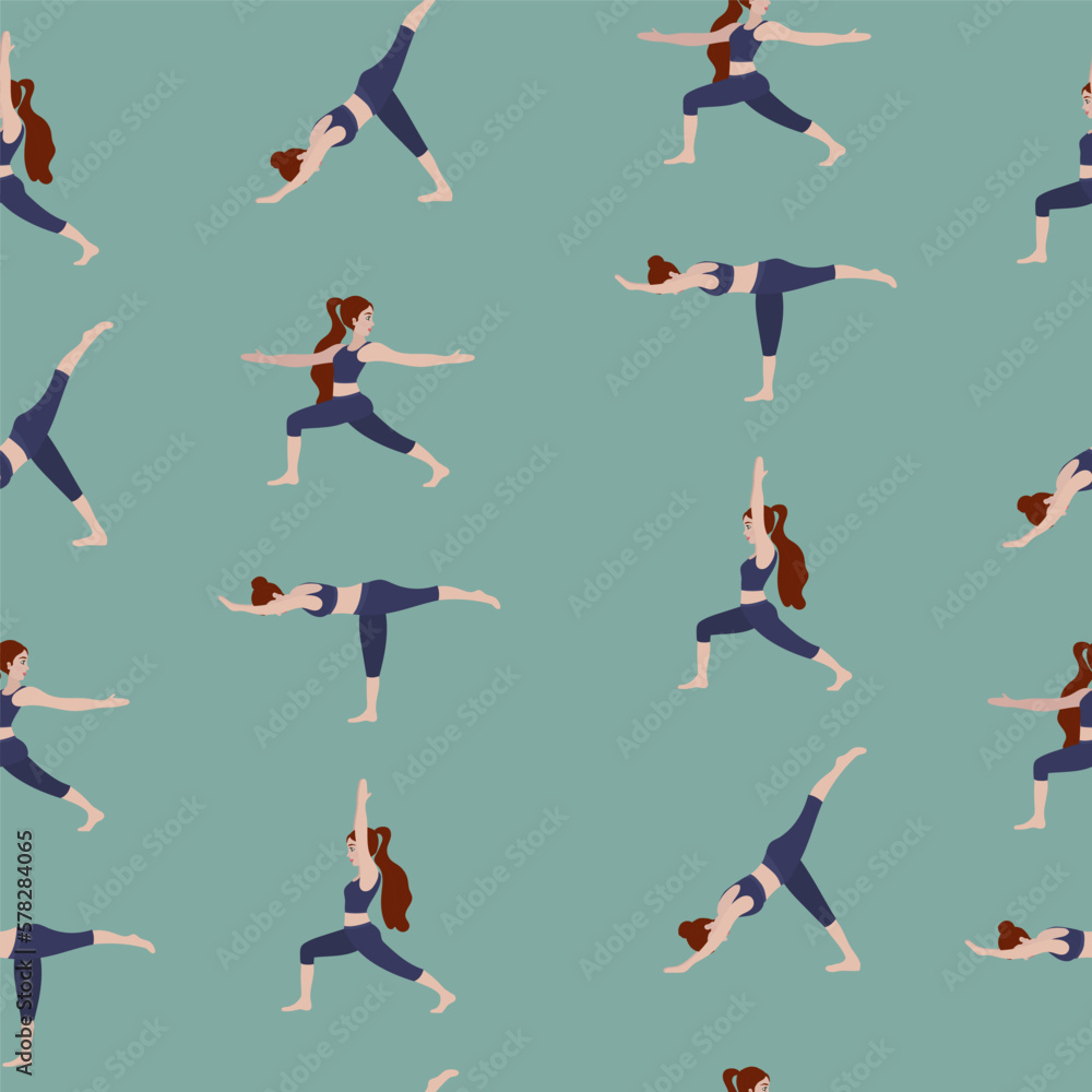 Seamless pattern with woman exercising yoga. Vector illustration in flat cartoon style, concept illustration for healthy lifestyle, sport, exercising. Seamless pattern with woman exercising yoga. Vector illustration in flat cartoon style, concept illustration for healthy lifestyle, sport, exercising.