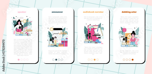 Speaker mobile application banner set. Voice actor dubbing a movie,