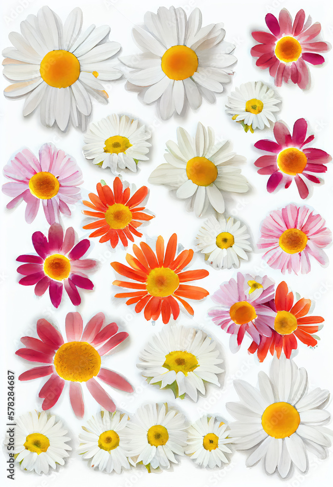 AI Generated image of a watercolor style collage of daisies and flower