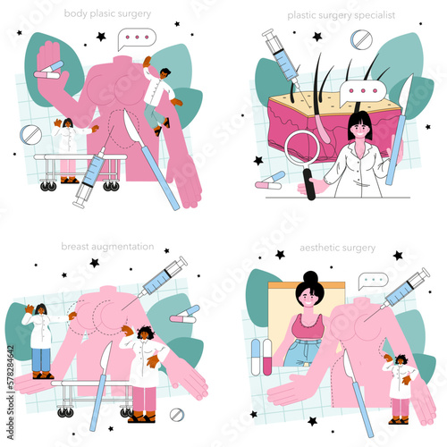 Plastic surgeon concept set. Aesthetic body correction. Implant and liposuction