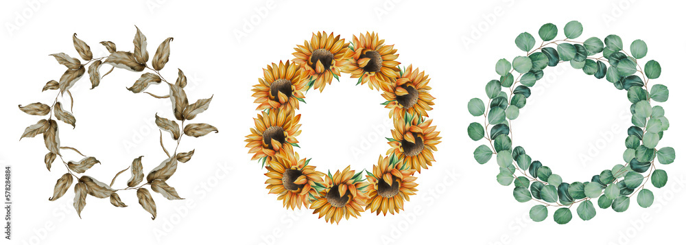Watercolor compositions of frames and wreaths of eucalyptus, dried flowers and sunflowers. Hand painting clipart on an isolated background. Print for wedding invitation, designers, decoration, textile Watercolor compositions of frames and wreaths of eucalyptus, dried flowers and sunflowers. Hand painting clipart on an isolated background. Print for wedding invitation, designers, decoration, textile