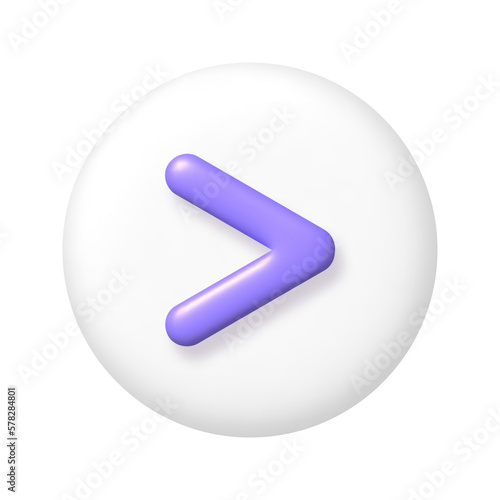 Math 3D icon. Purple arithmetic greater than sign on white round button. 3d realistic design element.