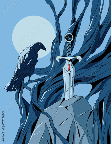 Vector illustration of raven and sword in stone. Middle ages, knights, night.