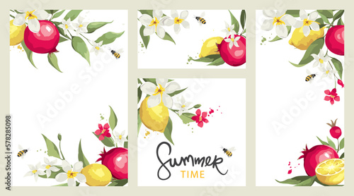 Summer card with jasmine flowers,  lemons, pomegranate branches and bees. Floral design elements for wedding invitation, vector illustration, label.