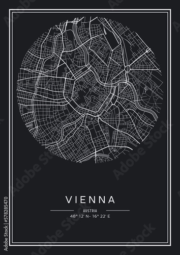 Black and white printable Vienna city map, poster design, vector illistration.