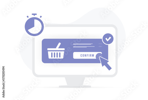 Speed Up Checkout concept. Improving ecommerce conversion digital marketing strategy. Fast checkout experiences illustration with basket, stopwatch and cursor clicking on button to complete the order