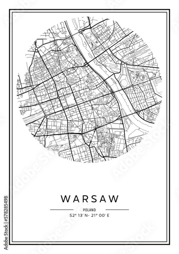 Black and white printable Warsaw city map, poster design, vector illistration.