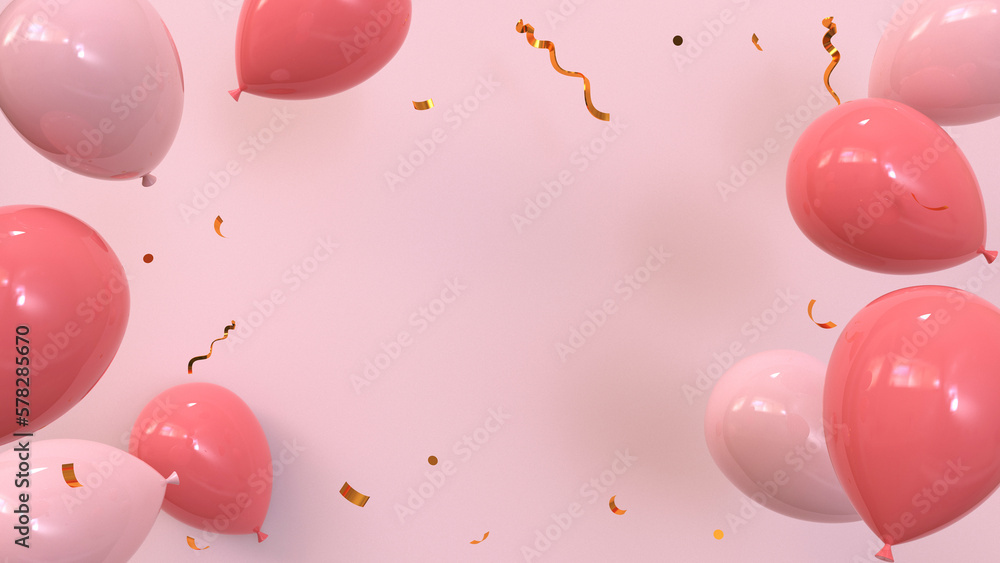3d rendering pink background with balloons and confetti. Stock