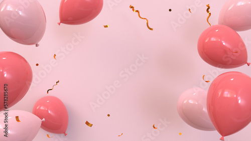 Photography 3d rendering pink background with balloons and confetti.