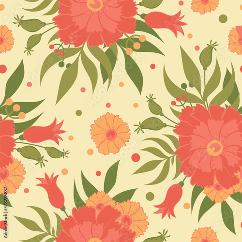 Seamless pattern with floral ornament. Backdrop for design printing on fabric and paper. Design for a postcard  wrapper or package.