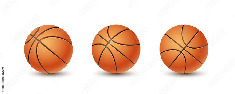 Set of basketball balls on the white background. Sport equipment illustration. Orange grooved sport balls closeup.