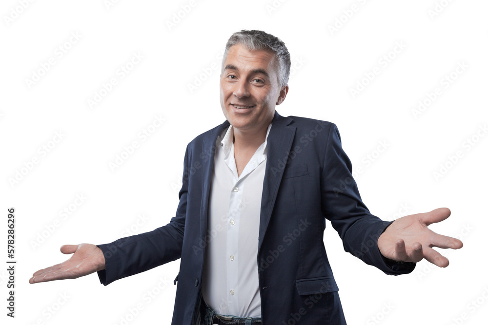 Careless confused man smiling and shrugging Careless confused man smiling and shrugging
