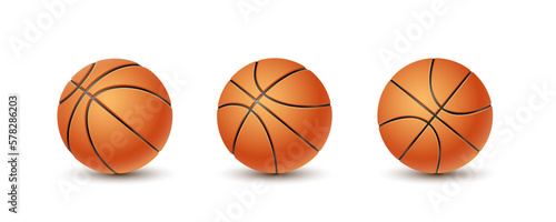 Set of basketball balls on the white background. Sport equipment illustration. Orange grooved sport balls closeup. © Polina