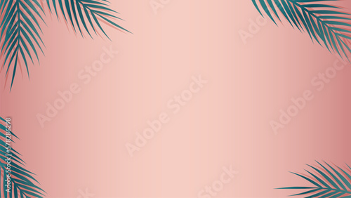 Exotic tropical summer pink background with palm leaves. Botanical warm pastel wall design with foliage frame and copy space.