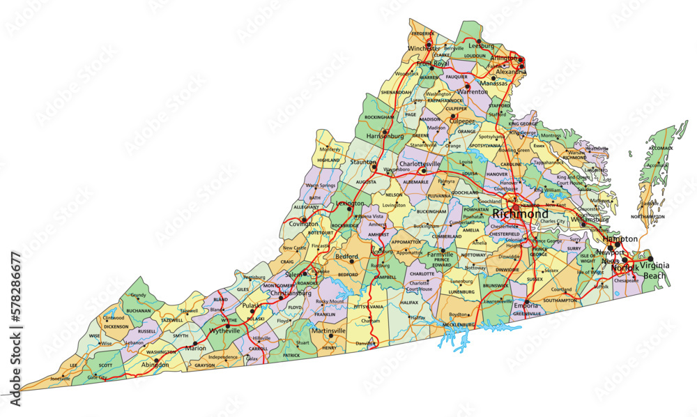 Virginia - Highly detailed editable political map with labeling. Stock ...