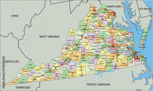 Virginia - Highly detailed editable political map with labeling.