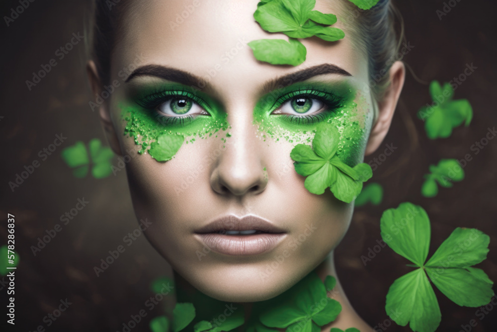 Saint patricks day greeting with pretty woman with shamrock on face,ganerative ai.