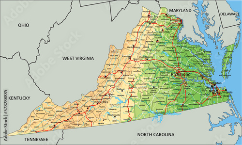 High detailed Virginia physical map with labeling.