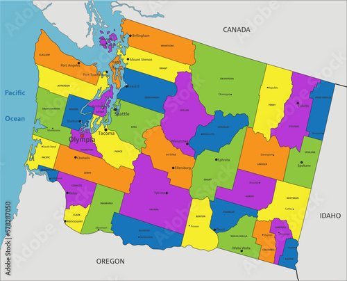 Colorful Washington political map with clearly labeled, separated layers. Vector illustration.