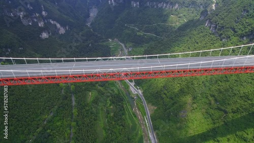Aerial view of Aizhai suspension bridge on canyon,Hubei,China.