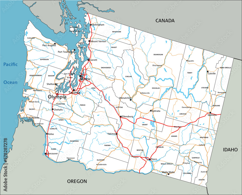 High detailed Washington road map with labeling.
