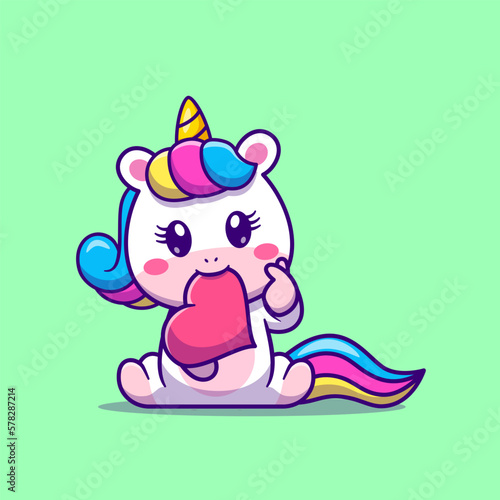 Cute Unicorn Bite Love With Love Sign Hand Cartoon Vector Icon Illustration. Animal Nature Icon Concept Isolated Premium Vector. Flat Cartoon Style