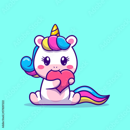 Cute Unicorn Bite Love Cartoon Vector Icon Illustration. Animal Nature Icon Concept Isolated Premium Vector. Flat Cartoon Style