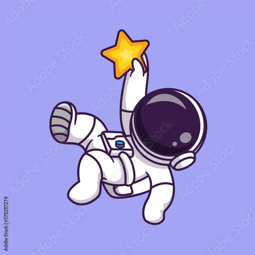 Cute Astronaut Catching Star Cartoon Vector Icon Illustration Science Technology Icon Concept Isolated Premium Vector. Flat Cartoon Style
