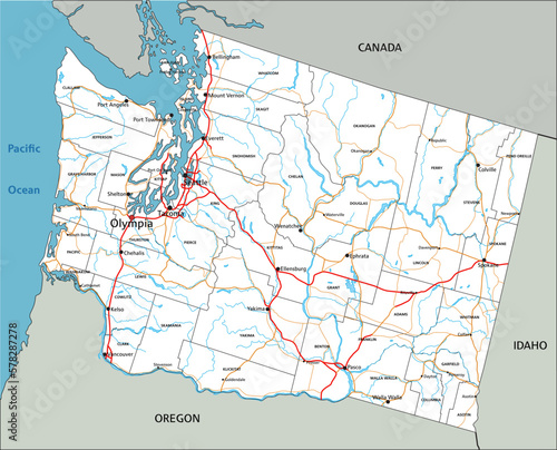 High detailed Washington road map with labeling.