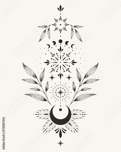 Magical drawing of the moon, tarot cards, boho illustration, magic card and tattoo. Vector hand drawing