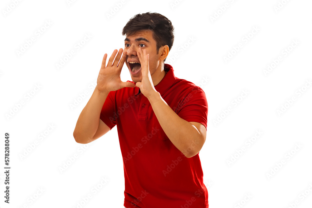 Portrait of young man shouting against white background Portrait of young man shouting against white background