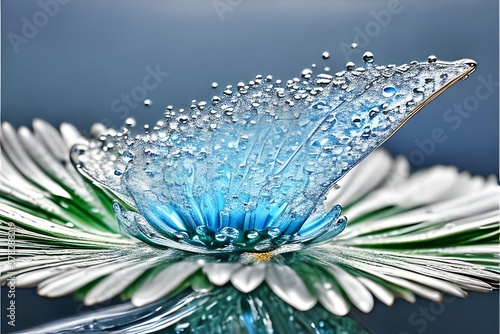 The drop of water splashes in macro photography style with a reflection, Flower the drop, ultra HD, 8K