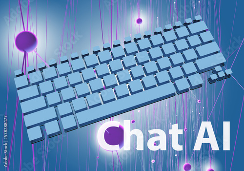 Chat ai. Keyboard is among neural networks. Generative preworking model. Chat AI language technology. Internet bot with artificial intelligence. Online site with chat AI tech. 3d rendering photo