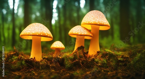 Group of illuminated magic mushrooms in a forest with green leaves and trees